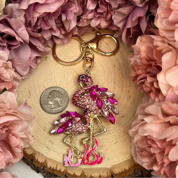 Whimsical Mother Baby Pink Crystal Flamingo Keychain Charm - Picture 16 of 16